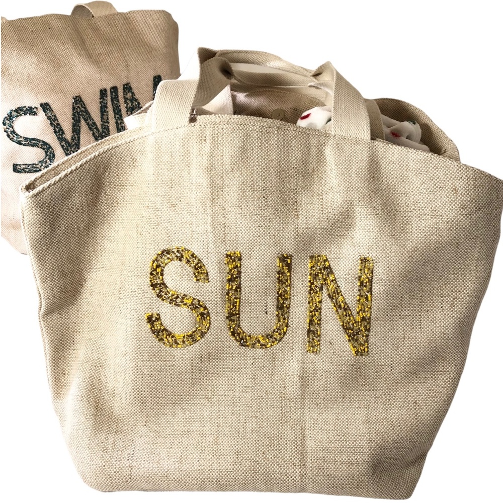 Beaded Jute Cotton Tote Bag Beach Pool Resort Travel Classic Natural Market SWIM